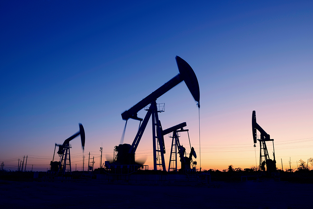 Oil pumps in operation late in the day